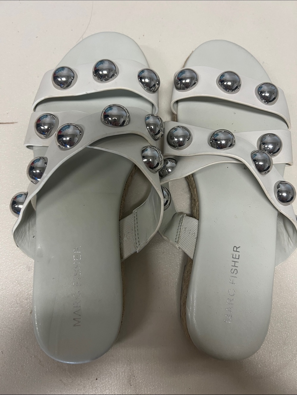 Marc Fisher White Slide Sandals with Silver Stud Accents